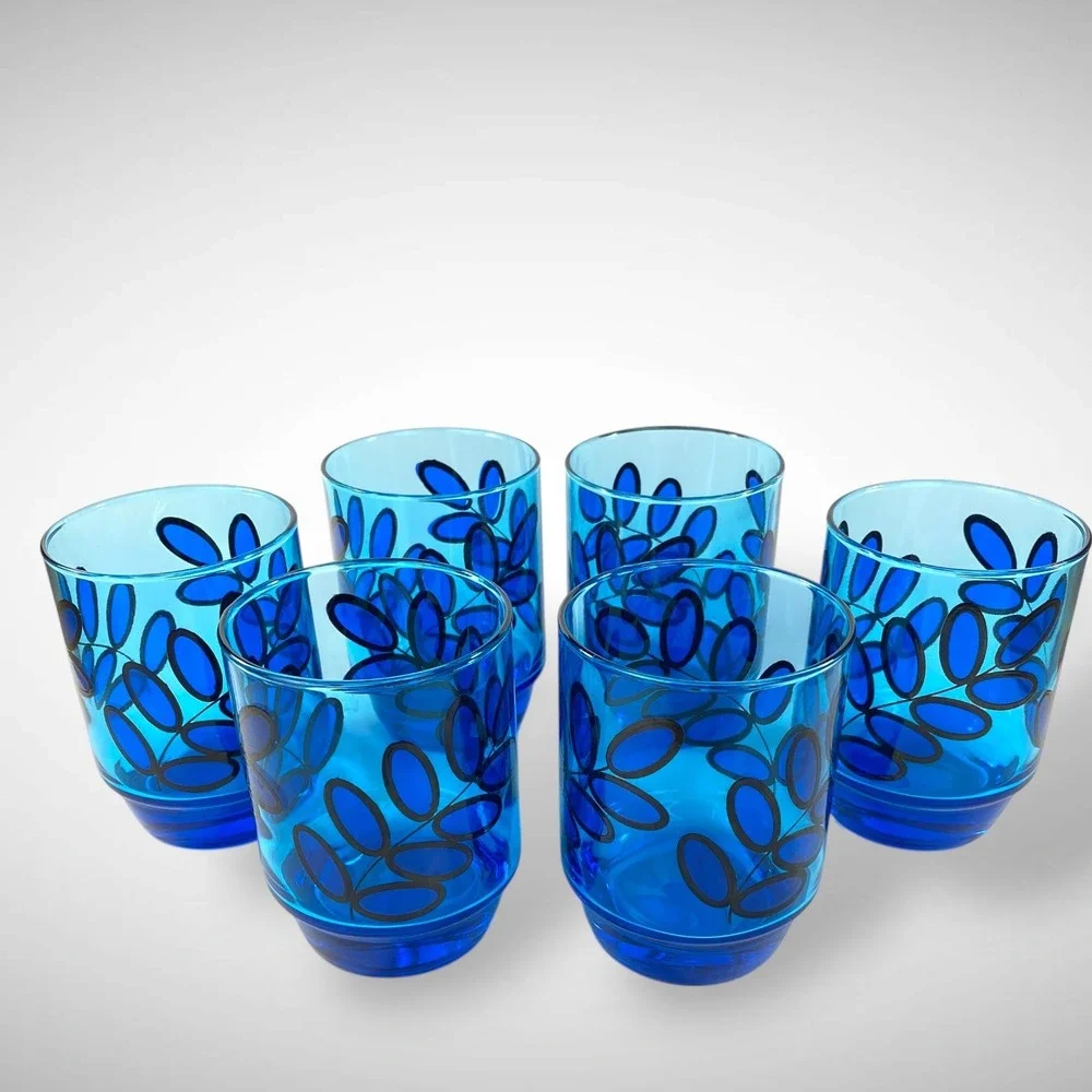 Set of 6 Electric Blue Glass Tumblers Abstract Leaf‎ Design Vintage Barware